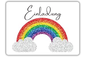 ‎CELEBR8TE celebr8te 12x Einladungskarten mit Regenbogen Glitzer Motiv - Für den Kindergeburtstag von Mädchen - Bunte Geburtstagseinladungen inkl. Messenger Bild & Urlaubsgutschein