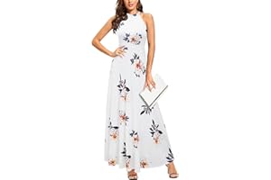 STYLEWORD Abito Lungo da Donna con Stampa Floreale Senza Maniche con Spalle Scoperte Elegante Abito Lungo con Scollo all'Americana