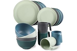 Greentainer Unbreakable Plastic Dinnerware Set, Lightweight Tableware with 4 Dinning Plates, 4 Dessert Plates, 4 Bowls, 4 Cups Kids & Adults, Service for 4, Dishwasher&Microwave Safe,16 Pcs