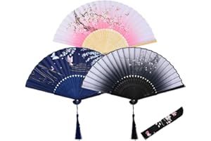 Aniyoo Folding Fans 3Pcs Handheld Fans Bamboo Fans with Tassel for Dancing Cosplay Wedding Party Props Decoration Gifts Chinese Fans (Blue, Pink, Black)