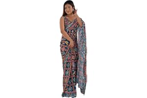 RAJESHWAR FASHION WITH RF Damen Georgette-Sari | gewellte Bordüre, Spiegelarbeit, Stickerei, Sari mit ungenähtem Blusenteil