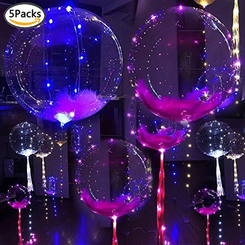 Bbei 5 PCS of 21 inch LED Light Up Balloons, Transparent Clear Foil BoBo Balloons With Flashing Colourful 3M LED String Lights for Party Decorations, Fillable with Helium