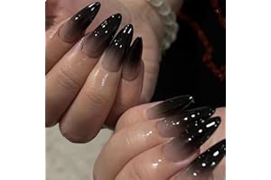 GlamRays 24 sztuki czarnych paznokci z migdałów, sztuczne paznokcie gotyckie, kolor czarny, ombre, błyszczące paznokcie akrylowe