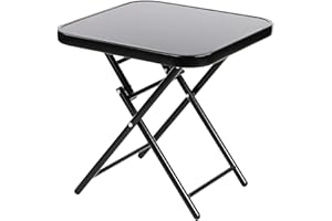 Taylor & Brown 50cm Folding Drinks Side Table, Foldable Coffee Table, Outdoor Garden Table, Small Square Patio Table - Black with Tempered Glass Top - 45x45x50cm