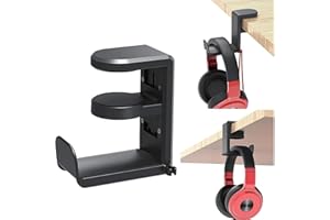 AIYONG Supporto per Cuffie da Scrivania, Rotazione 360°, Porta Cuffie Stabile in Plastica con Organizer per Cavi, Adatto per Cuffie Gaming, Tavoli Da Computer e Armadi, Nero