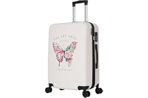 Valise Grande Taille Rigide 75cm – Soute Avion – Bagage XL léger ABS – 4 Roues pivotantes 360° – Fermeture zippée – Poignée télescopique – Blanc – Collection Papillon - TROLLEY ADC