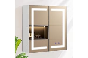 AxisFurn Badezimmer-Spiegelschrank mit LED-Beleuchtung, 3 verstellbares Licht, mit verstellbarem Regal und Steckdose, Doppeltür Anti-Beschlag Wandschrank mit Innenbeleuchtung 60 * 60cm Weiß