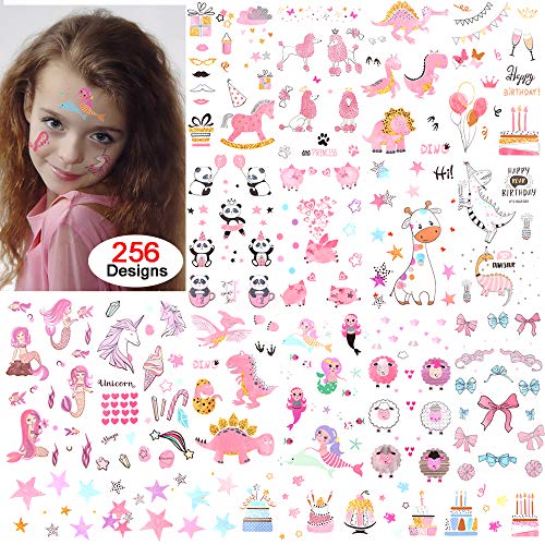 Konsait Temporary Tattoo for Girls(256Designs), Fake Cartoon Body Stickers for Kids Character-Unicorn, Mermaid, Dinosaur, Great Children Party Accessories Kids Birthday Gift Goody Party Bag Fillers