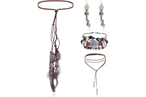 LOLIAS 4 Pièces Coiffe Indienne Ensemble Collier Cuir Boucles d'oreilles Plumes pour Femmes Bracelet Fait Main Vintage Boho Hippie Tribal Thème Fête Carnaval Bijoux