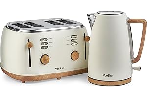 VonShef Kettle and Toaster Set Cream – Nordic 1.7L Rapid Boil Kettle 3000W & 4 Slice Wide Slot Toaster 1500W with 6 Browning Controls & High Lift - Fika Range