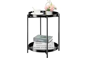 danpinera 2-Tier Round Side Table, Metal End Table with Removable Tray, Small Foldable Table Accent Table, Anti-Rust Black Nightstand for Bedroom Balcony Patio (Black)