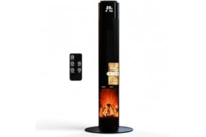 MONHOUSE Oscillating Tower Fan Heater with Fireplace 33 inches - Portable PTC Ceramic Electric Heater with LCD Display, Remote Control, Overheat Protection and Safety tip-over Switch - Black