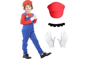 ATOWORLD Deguisement Enfant Garcon 3-12 ans Fille Costume Combinaison Rouge Deguisement Cosplay Anime Costume Halloween Enfant Garçon Déguisement Carnaval Enfant Deguisement avec Casquette Moustache Gants