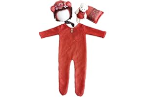 SURAKEY 4 Stücke Baby Fotografie Prop Outfits, Neugeborene Jungen Mädchen Fotoshooting Kostüme Niedlicher Foto Prop Strick Strampler Kleidung + Hut + Bärenpuppe + Kissen Neugeboren Geschenk