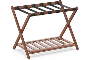 BAMBOOHOMIE Bamboo Luggage Rack for Guest Room, Wide Suitcase Stand with Storage Shelf, Folding Luggage Stand Holder for Bedroom Hotel, 26.77" Thickened Luggage Rack for Suitcases (Brown)