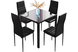 Jooli Glass Table and Chairs Set 4, 75cm Square Table with 4 Faux Leather High Back Chairs Modern Dining Room Sets for Home Kitchen Office, Black