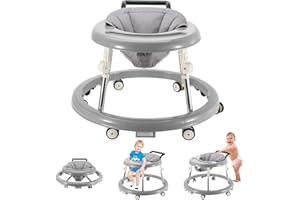 FUGUALIN Baby Walker with Wheels, Activity Center with Mute Wheels Anti-Rollover, 5-Position Height Adjustable Foldable Baby Walker (Grey)