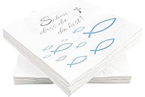 Magrimaxio 40 Servietten Fisch Blau, Papierservietten Weiß 3-lagig, Tischdeko, mit Spruch "Schön dass Du da bist", für Konfirmation, Kommunion, Taufe, Geburtstag, Hochzeit und Party, 33x33cm