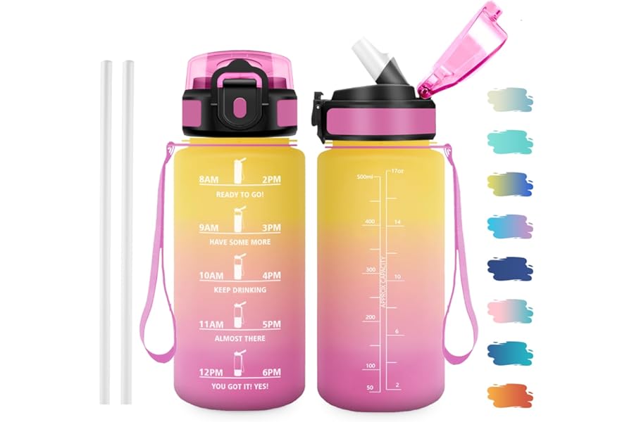 JAPORIA 500ml Water Bottle with Straw, Motivational Water Bottles, BPA-Free, Time Markers Bottle for Students, Office, Sporting