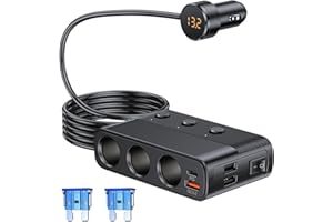 Hoembpn 127W Cigarette Lighter Socket Splitter Adapter 3-Socket/USB QC 3.0 /PD,12V/24V Multi Socket Car Cigarette Splitter Lighter Adapter USB Plug Charger with Individual Switc and LED Voltmeter