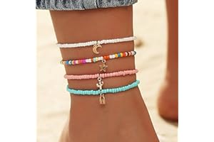 U/D Boho Handmade Beads Multilayered Ankle Bracelets Colorful Women Anklets Moon and Star Pendant Anklet Beaded Bracelet Elastic Foot Jewelry for Summer Beach (4PCS) (Set-1)