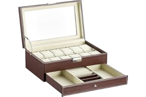 DRAIGERWAY Uhrenbox mit 2 Ebenen,Uhrenbox Schmuck Uhr Aufbewahrungsbox mit Glasdeckel, Uhrenkasten schmuckkästchen Uhrenkoffer 12 Fächer und 1 Schublade für Uhren, Ringe, Armbänder