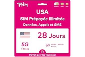 TSIM Carte SIM USA 28 Jours. Réseau T-Mobile avec données illimitées à Haute Vitesse en 5G/4G/LTE | Appels et SMS locaux illimités aux USA (Hawaï Inclus). Carte SIM 5G !