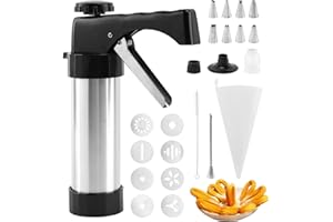 Laluky Churro Maker Machine Churrera y Piping Bag Churros Filler, kit Churros Gu-n de acero inoxidable con 8 puntas de decoración, 8 discos de galletas, máquina para hacer galletas (negro + plateado)