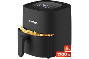EVVO Friteuse à air sans huile de 6 l, 1 700 W, récipient antiadhésif, technologie Dual Cyclone, multifonction, four, déshydratation, décongélation, jusqu'à 200 °, arrêt automatique (Noir)