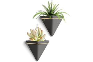 FairyLavie 15cm Hanging Planter, 2 Pack Ceramic Geometric Wall Planters Plant Holder Container with Hooks for Indoor Outdoor Wall Decor, for Family Friends