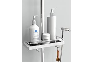 AwmnSrman Mensola Doccia Senza Foratura Portasapone Doccia, Supporto per Accessori da Bagno con 2 Ganci e Supporto per Doccia, Adatto per Aste da Doccia 20mm-25mm Bianco
