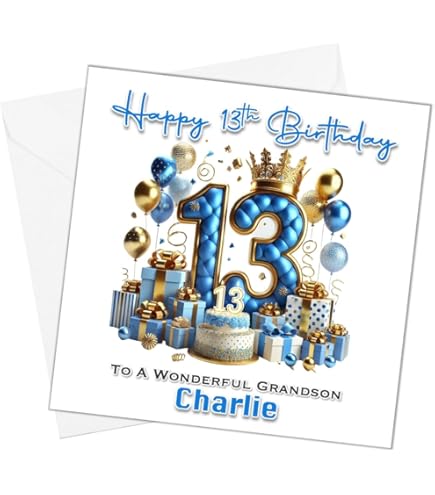thumbnail image 2 of Personalised Blue Abstract 13th Birthday Card For Grandson - Custom Teen Boy Birthday Greeting Card 2 of 2