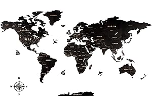 Creawoo Mappa del Mondo in Legno da Parete Decorazione, Nero Mappamondo in Legno Parete Puzzle Arte per Soggiorno, Ufficio, Camera Decorazione -100x57 CM