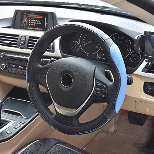 Preisvergleich Produktbild MPTECK @ Auto Lenkradhülle Schwarz Blau Leder Lenkrad Abdeckung Lenkradschoner Lenkradabdeckung 37-38cm für KFZ AUTO SUV SUVs Autos