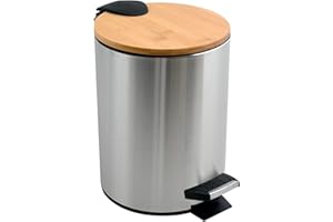 Spirella Adonis Basura con Pedal (3 L, Acero y bambú) con Descenso automático y Cubo Interior, Cierre Suave, Cromado
