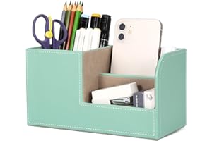 GORESE Organisateur de Bureau, Rangement de Bureau en Cuir Pot à Crayons Porte-Stylo Peu Encombrant, 3 Compartiments de Stylos, Agrafeuses, Dossiers, Notes Autocollantes, Téléphones (Vert Menthe)