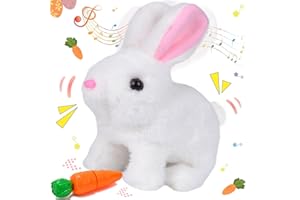 DAMIGHT Bouncing Rabbit Toy, Interactive Rabbit Pet Toy, Electronic Plush Rabbit with Sounds, Whose Ears and Nose Move, Plush Rabbit for Easter Gifts (White)