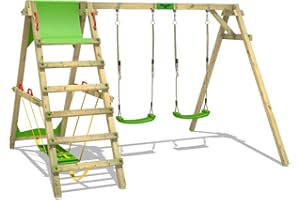 FATMOOSE Portique de balançoire pour Enfants JollyJade Vert Pomme - Balançoire & SurfSwing, Portique de balançoire, Balançoire en Bois avec annexe à Grimper pour Les Enfants dans Le Jardin