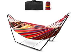HJZ Hamaca con Soporte Metalico Hamaca de Doble Personas Algodón Portátil con Bolsa para Niños Adultos Jardín Exterior Interior Camping Viajes Playa Terraza Patio, hasta 150 kg Rojo