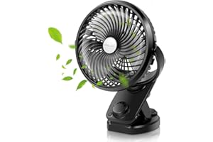 ELZO Wentylator biurkowy USB, mini klips 5000 mAh, automatyczna oscylacja, obrót o 360°, bezstopniowa prędkość, super cichy, przenośny, do wózka biurowego, samochodu, na kemping, podróż, czarny