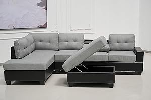 SOFAHEAVEN Western Grey/Black Fabric Corner Sofa suite With Drop Down Cup Holder And Ottoman for livingrooms -Cheap sofas & couches -3020 (Grey/Black, Left Hand Side)