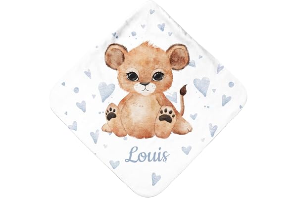Pictogogo Serviette de Bain à Capuche Personnalisée avec Nom et Motif Animal Mignon | Cape de Bain Personnalisable pour Bébé (Lion)