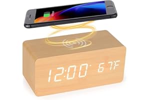 LySuyeo Digitaler Wecker aus Holz mit Kabelloser Ladestation,5W Fast Wireless Charger for iPhone/Samsung Galaxy, Digitaler Wecker Ohne Ticken, Alarm Clock Uhr Für Schlafzimmer Home Office (Bambus)