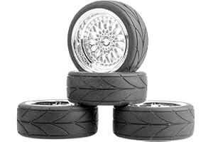 KEEDA RC Car 64 mm Rubber Tyres & 52 mm/2.05 Inch Plastic Rims Wheels for 1/10 RC On Road Touring Racing Drift Car (Offset Depth 6 mm, Silver)