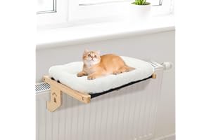 WingFly Cat Hammock Window Perch Seat Kitten Hanging Bed Windowsill for Large Pet Shelf Sturdy Kitty Lounger Washable Cushion Non-Drilling Wooden Ledge, Holding 40 LBS (White, B)