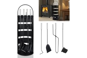 HENGMEI 5 teilig Kaminzubehör Edelstahl Kaminofen Kaminbesteck Set Kamingarnitur mit Standfuß, Besen, Zange, Schürhaken, Ascheschaufel für Holzofen, Schwarz