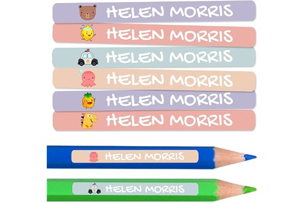 200 étiquettes adhésives personnalisées pour crayons, stylos et marqueurs. Autocollants scolaires avec nom pour marquer les objets. Stickers imperméables pour l'école. Mesure 4,6 x 0,6 cm