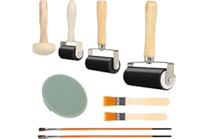BAVUNV Linoldruck Silikon Andrückrolle Gummiwalze mit 1 Pilzwalze 1 Ma Lian 2 Bürste 2 Ölgemäldepinsel, Andrückwalze Kleberwalze Andrückroller Set für Druckgrafiken Drucken Kunsthandwerk