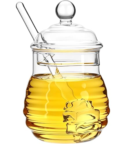 ORYCWJ Pot de Miel d'Abeille en Cristal et Louches, Pot de Miel de Ruche Fait à la Main, Récipient de Miel de Stockage ou d'autres Épices, 10 × 15 × 6