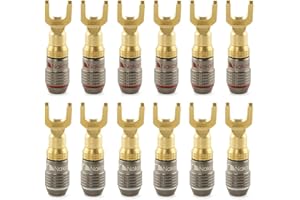 Nakamichi FanLock Excel Series 24k Gold Plated Spade Connector Banana Plug 10 AWG - 18 AWG Gauge Size 4mm for Speakers Amplifier Hi-Fi Home Theatre Wire Cable Quick Connector, 12 Pcs (6-Pairs)